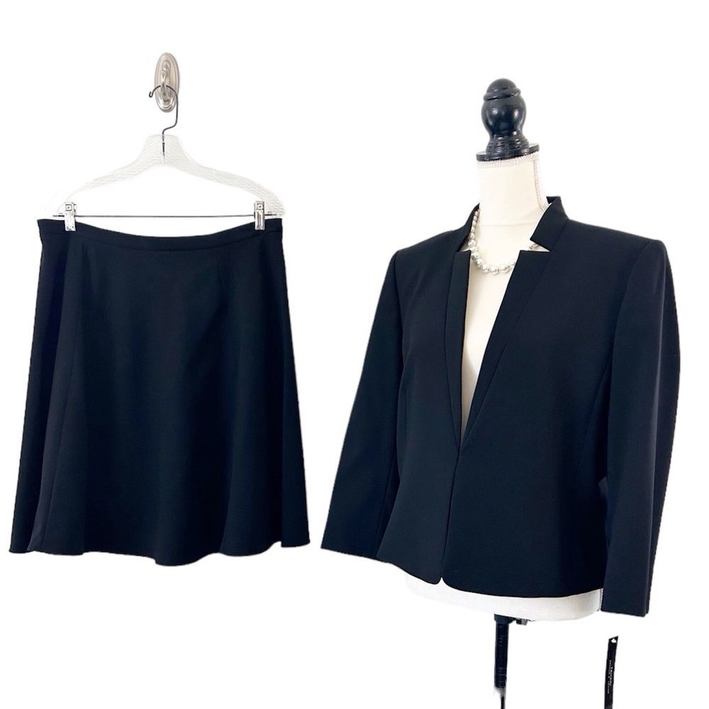 Tahari ASL Women’s Inverted Notch Collar Black Flounce Skirt Suit Size 14